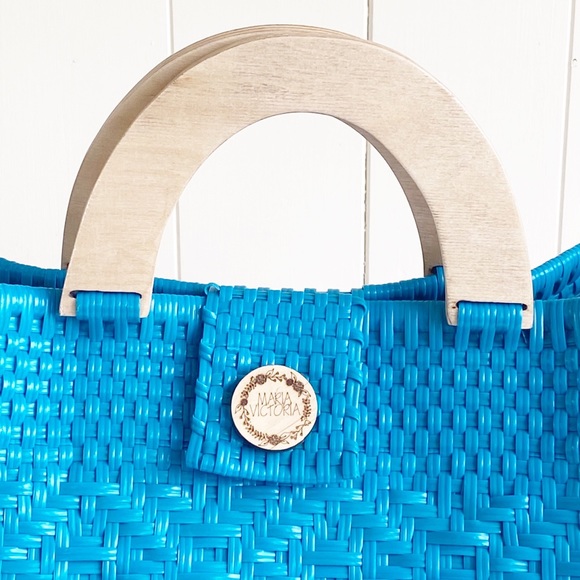NWT Maria Victoria Elva Turquoise Blue Woven PVC Handbag Tote Mexico - Picture 3 of 15